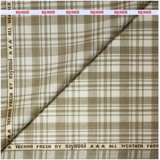 RAYMOND SUPER 90's MERINO WOOL TECHNO FRESH BEIGE CHECKERED WITH ALL WEATHER FABRIC + UV LIGHT REFLECTION + ANTI MICROBIAL (ANTI CORONA) STAIN RESISTANT + SILKY TOUCH FUTURE UNSTITCHED TROUSER FABRIC - 1.3 METRES / VV5259