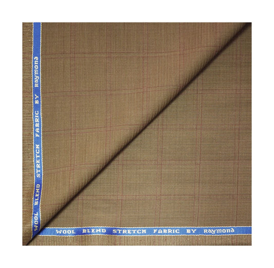 RAYMOND BEIGE CHECKERED WITH STRETCH & WOOL BLENDED UNSTITCHED TROUSER FABRIC - 1.3 METRES / VV5295